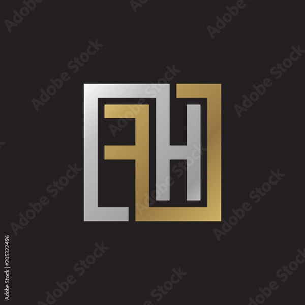 Fototapeta Initial letter FH, looping line, square shape logo, silver gold color on black background