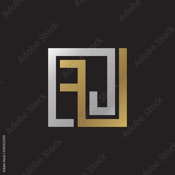 Obraz Initial letter FJ, looping line, square shape logo, silver gold color on black background