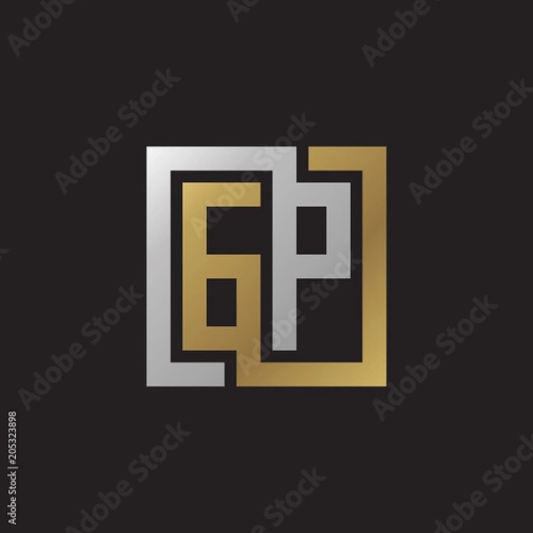 Obraz Initial letter GP, looping line, square shape logo, silver gold color on black background