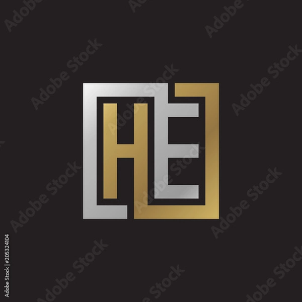 Fototapeta Initial letter HE, looping line, square shape logo, silver gold color on black background