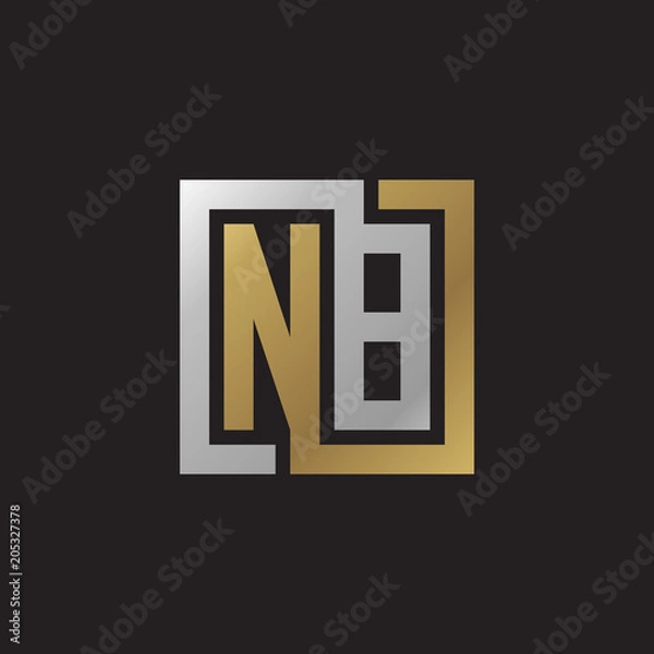 Obraz Initial letter NB, looping line, square shape logo, silver gold color on black background