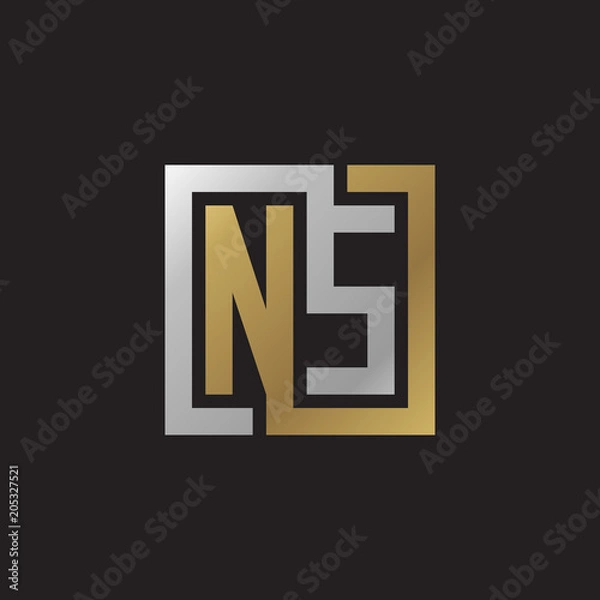 Fototapeta Initial letter NS, looping line, square shape logo, silver gold color on black background