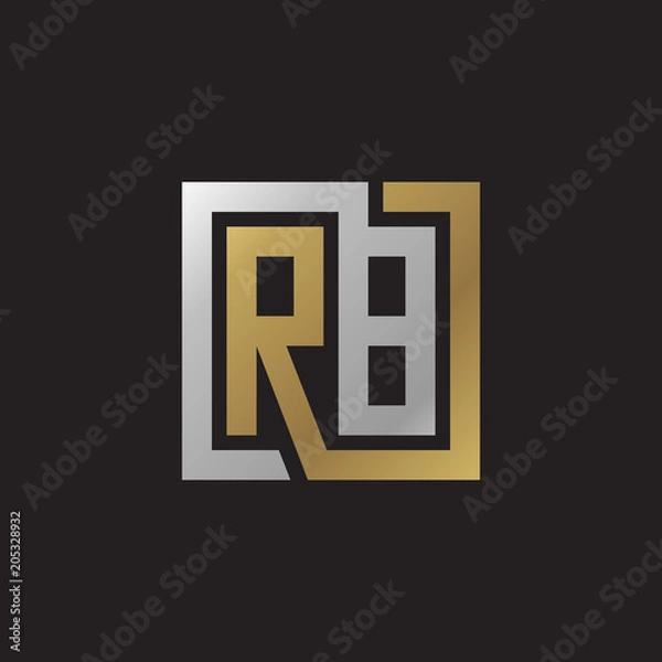 Fototapeta Initial letter RB, looping line, square shape logo, silver gold color on black background