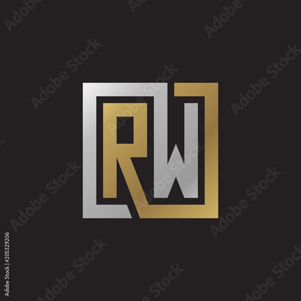 Fototapeta Initial letter RW, looping line, square shape logo, silver gold color on black background