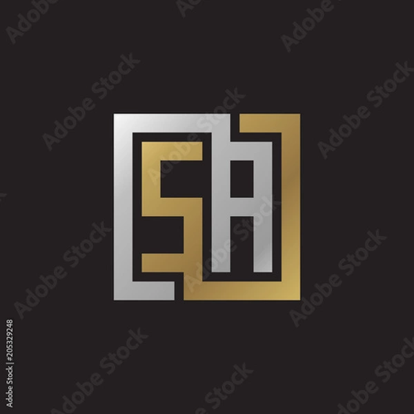 Fototapeta Initial letter SA, looping line, square shape logo, silver gold color on black background