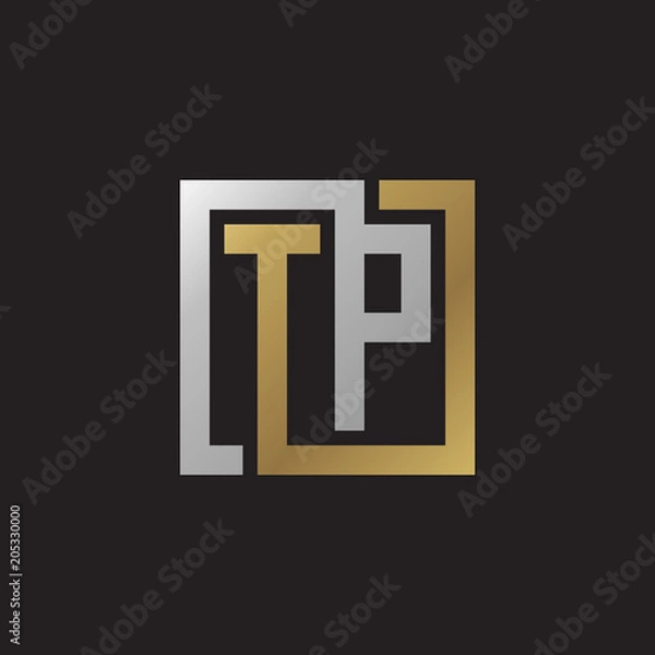 Fototapeta Initial letter TP, looping line, square shape logo, silver gold color on black background