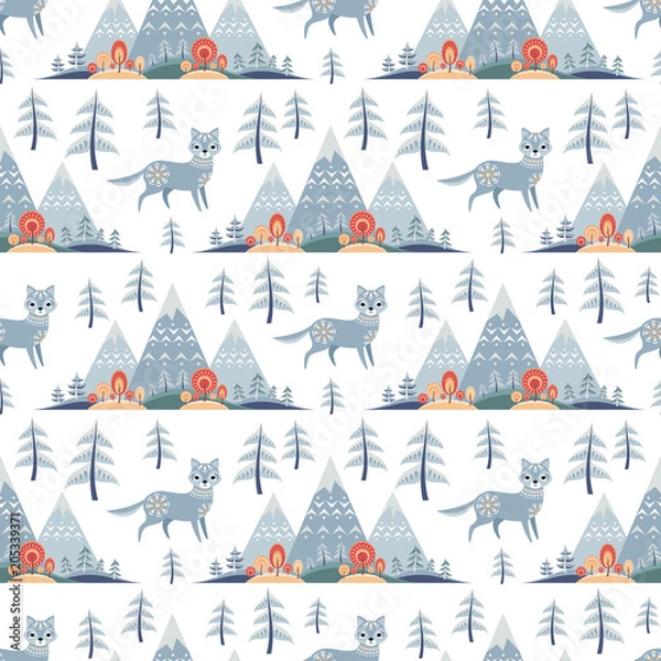 Obraz Decorative seamless pattern in folk style with wolf. Colorful vector background.