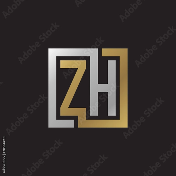 Fototapeta Initial letter ZH, looping line, square shape logo, silver gold color on black background