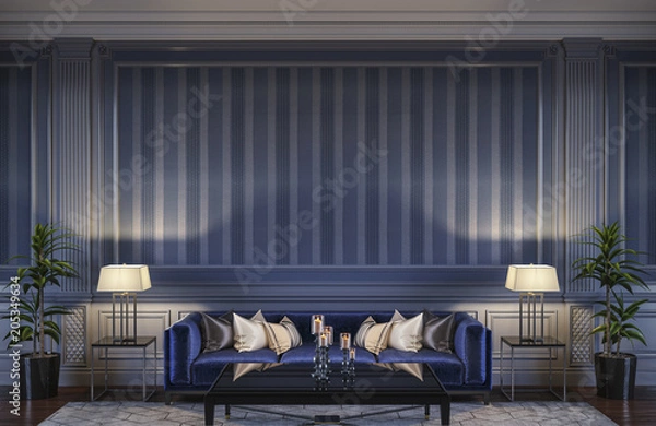 Obraz Contemporary interior in blue tones with a sofa and striped wallpaper. 3d rendering