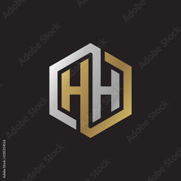 Fototapeta Initial letter HH, looping line, hexagon shape logo, silver gold color on black background