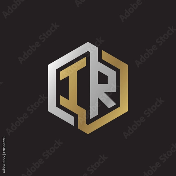 Obraz Initial letter IR, looping line, hexagon shape logo, silver gold color on black background