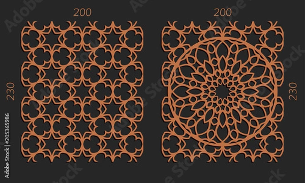 Obraz Laser cutting set. Woodcut vector trellis panels. Plywood lasercut floral design. Hexagonal seamless patterns for printing, engraving, paper cut. Stencil lattice ornaments.