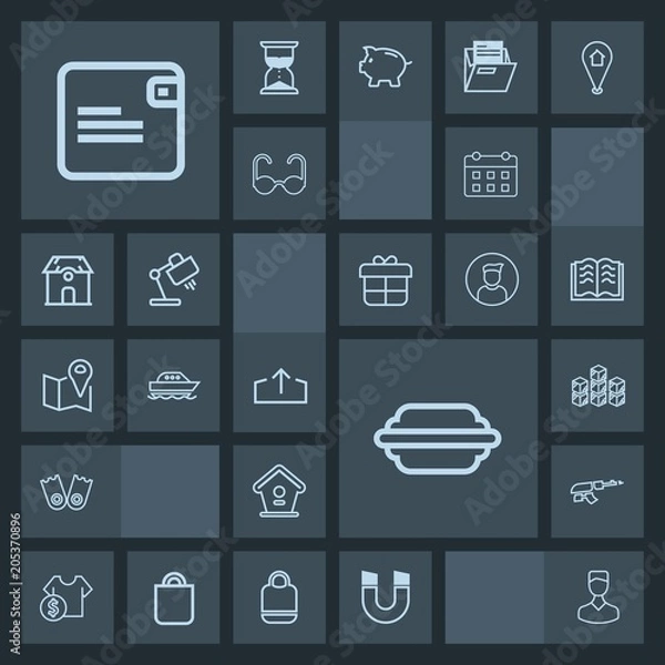 Fototapeta Modern, simple, dark vector icon set with magnetic, price, burger, food, bird, wooden, field, house, bun, wallet, timetable, day, time, upload, cost, gun, storehouse, machine, army, distribution icons