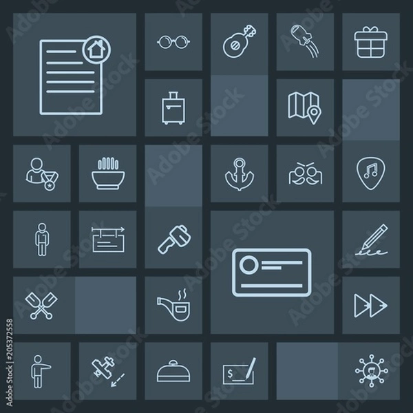 Fototapeta Modern, simple, dark vector icon set with pay, hand, travel, real, boat, pointing, check, payment, white, tobacco, classic, communication, house, canoe, display, pipe, pin, music, water, finance icons