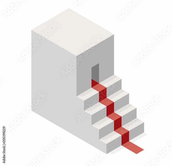 Fototapeta Vector cube shape evoking the ascending staircase. Minimalistic block like architecture stairs from aerated concrete, red carpet. Master isolated illustration, isometric exploration icon symbol