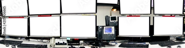 Fototapeta Blank server computer screen in modern interior data Center, server room for mocup business and security concept, panorama view with grainy tone