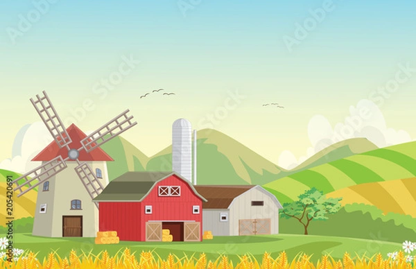 Fototapeta illustration of Mountain countryside with red farm barn