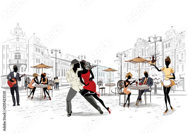 Fototapeta Series of the street cafes with people, men and women, in the old city, vector illustration. Waiters serve the tables. 
