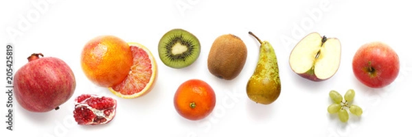 Obraz pattern of various fresh fruits isolated on white background, top view, flat lay. Composition of food, concept of healthy eating. Food texture.