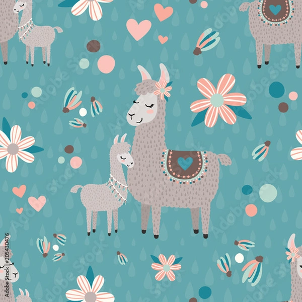Fototapeta Vector Teal Mama Llama Seamless Pattern Background