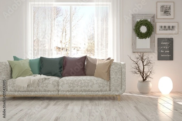 Obraz White room with sofa and winter landscape in window. Scandinavian interior design. 3D illustration
