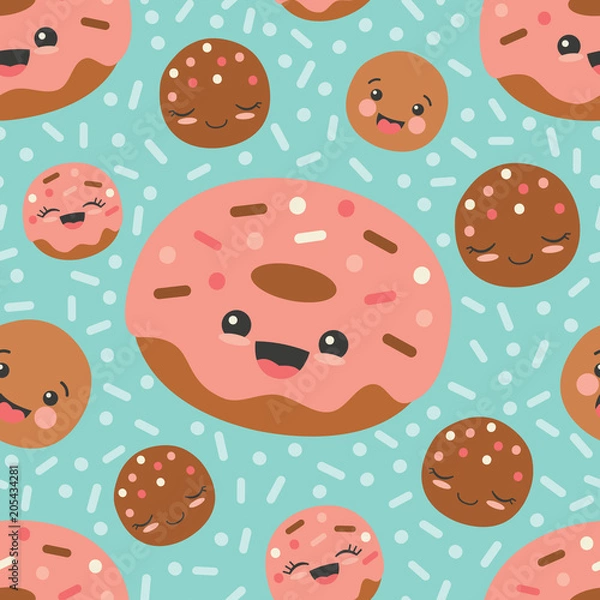 Fototapeta Vector Turquoise Happy Donuts Seamless Pattern Background
