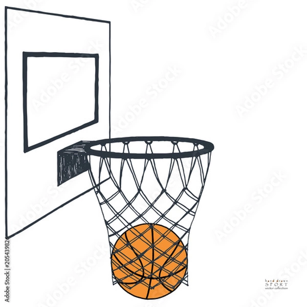 Obraz Action vector illustration of basket ball in the hoop. Backboard, hoop, ring, net, kit. Hand drawn sketch. White background