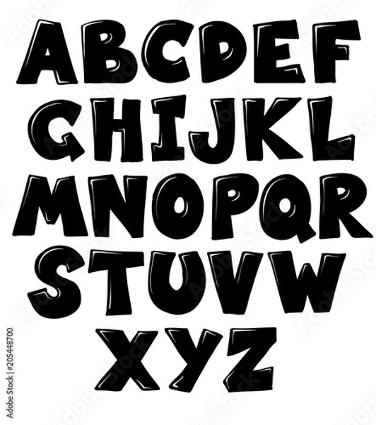 Fototapeta Cartoon comic Hand lettering sketch font. Vector alphabet back and white color, easy to edit elements set, grouped and isolated on white background