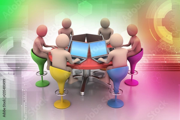 Obraz 3d people around a table looking at laptops