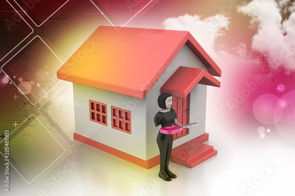 Obraz 3d women with home and key
