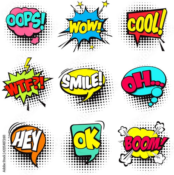Fototapeta Collection of Cartoon, Comic Speech Bubbles. Colored Dialog Clouds with Halftone Dot Background in Pop Art Style. Vector Illustration for Comics Book. Speech Bubbles with Word and Sound Illustration
