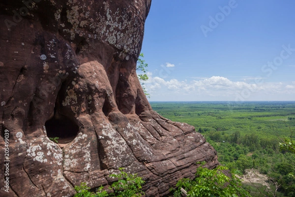 Fototapeta Beautiful scenery of the sandstone cliff with the jungle and blue sky in the background, Phu Sing, Bueng Kan, Thailand