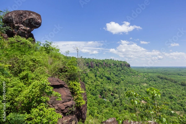 Fototapeta Beautiful scenery of the sandstone cliff with the jungle and blue sky in the background, Phu Sing, Bueng Kan, Thailand