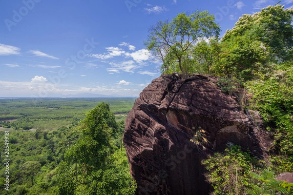 Fototapeta Beautiful scenery of the sandstone cliff with the jungle and blue sky in the background, Phu Sing, Bueng Kan, Thailand