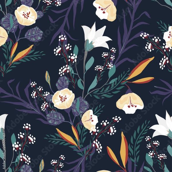 Obraz Seamless pattern with small flowers on a dark background
