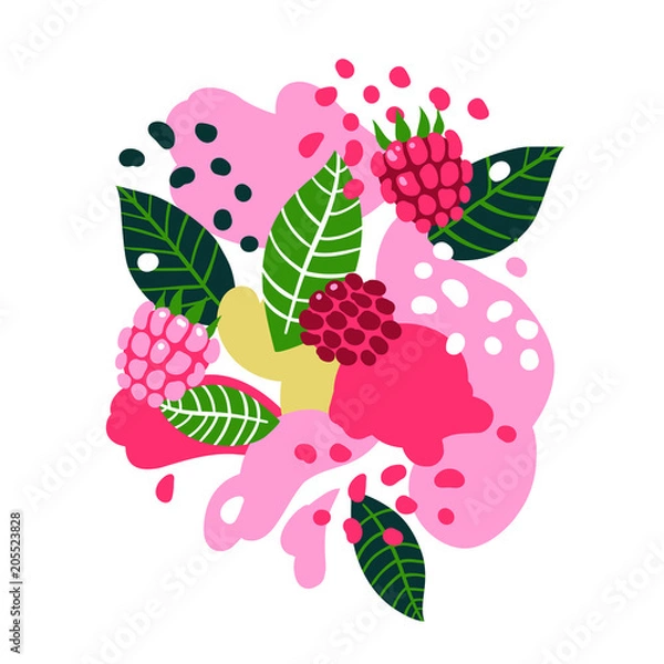 Obraz Raspberries and birds on abstract background. Vector seamless illustration.