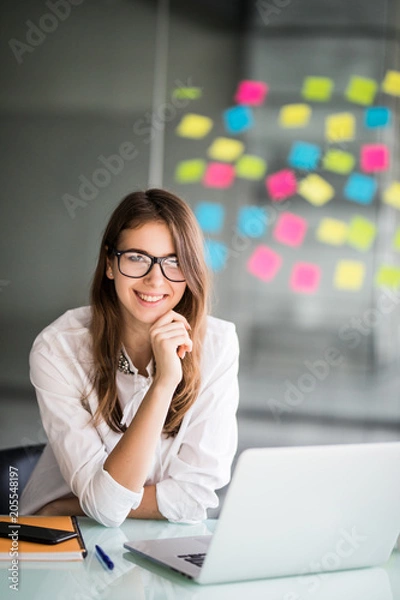 Fototapeta Portrait of a cheerful business woman sitting at the table in office and looking at camera