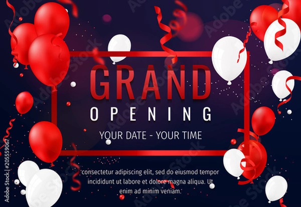 Obraz Grand opening invitation concept with red white balloons. Celebration design. Gold glitter letters on abstract background with light effect and bokeh.
