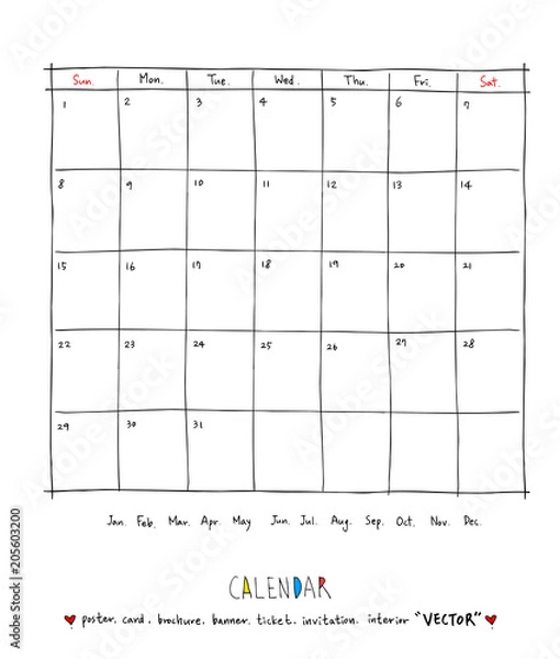 Fototapeta 달력 / 손으로 그린 달력 이미지