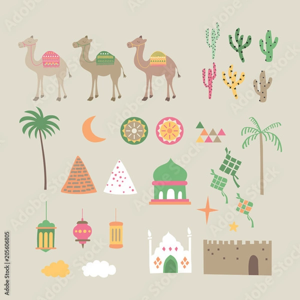 Obraz Middle east, eid mubarak, ramadhan graphic set. A playful, modern, and flexible print for brand who has cute and fun style. Happy, bright, and magical mood.