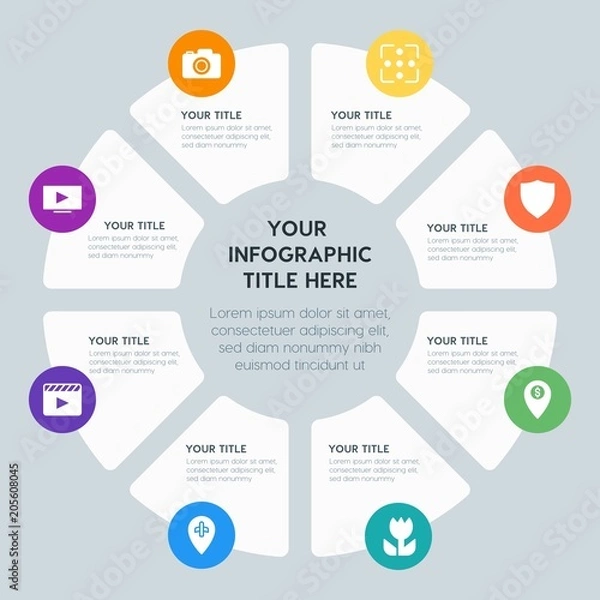 Fototapeta Circle chart location, security, video, photos infographic template with 8 options for presentations, advertising, annual reports
