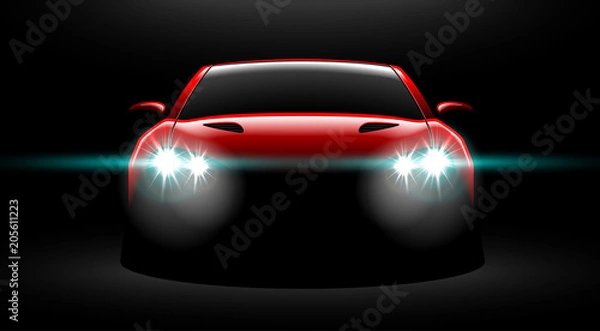Fototapeta realistic red sport car view with unlocked headlights in the dark