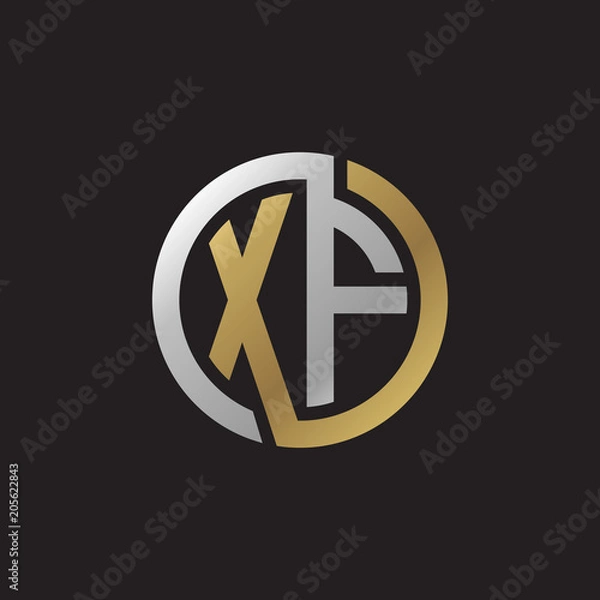 Fototapeta Initial letter XF, looping line, circle shape logo, silver gold color on black background