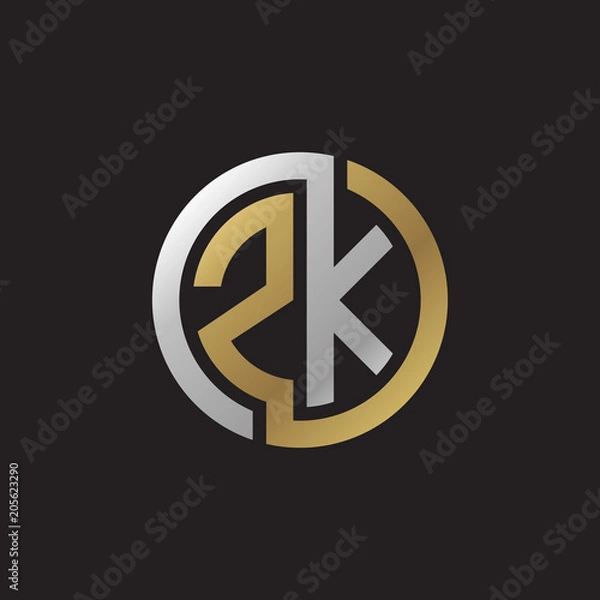 Fototapeta Initial letter ZK, looping line, circle shape logo, silver gold color on black background