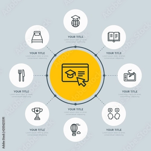 Fototapeta Circle network chart hotel, education, travel infographic template with 8 options for presentations, advertising, annual reports.