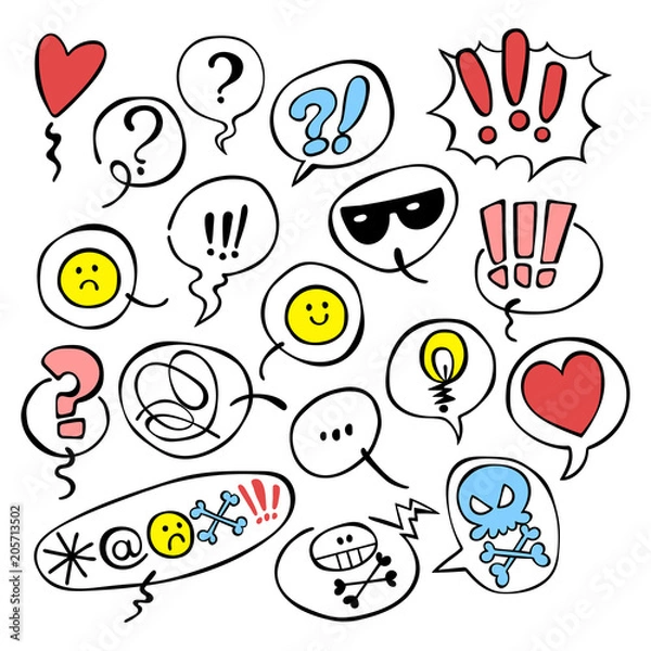 Fototapeta Set. Emotions. Smilies. Question mark. Exclamation point. Dialog cloud. Isolated vector objects on white background.