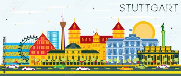 Fototapeta Stuttgart Germany Skyline with Color Buildings and Blue Sky.