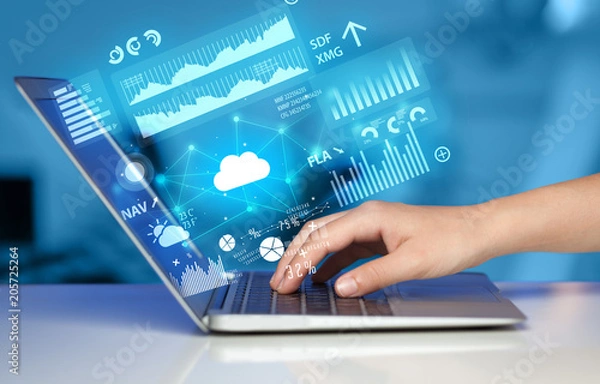 Fototapeta Hand using laptop with cloud technology and linked information concept