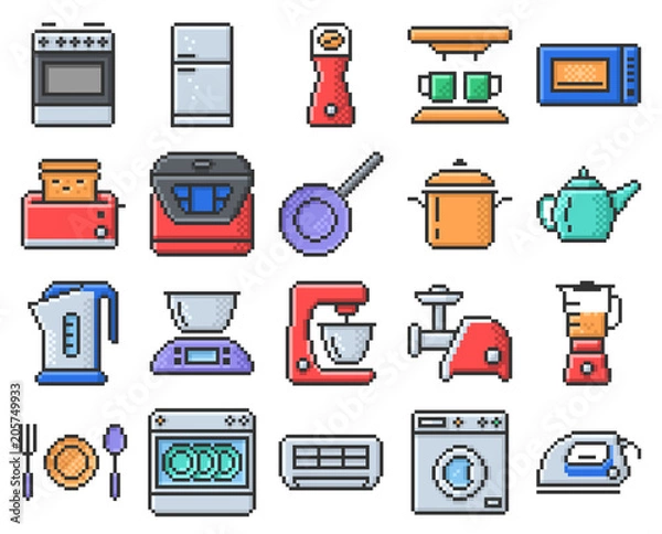 Obraz Outlined pixel  icons set of some kitchen utensils and home appliances