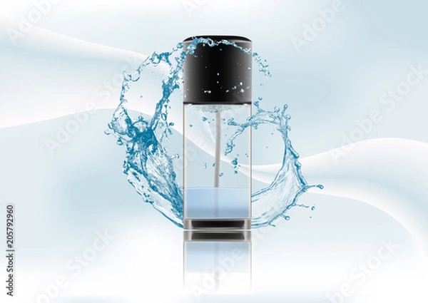 Fototapeta Advertising magazine page.Realistic transparent glass bottle two-phase cosmetic product,tonic,lotion.Black lid with dispenser.Abstract stylish gradient background. Vector illustration.